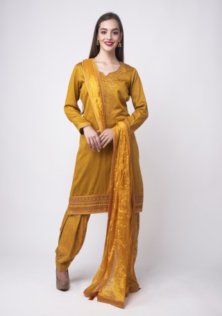 Mustard Embroidered Suit Set With Jacquard Salwar