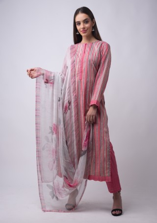 Multicolour Printed Pink and Grey Suit Set