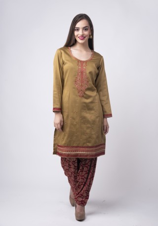 Olive Green Embroidered Suit Set With Jacquard Salwar