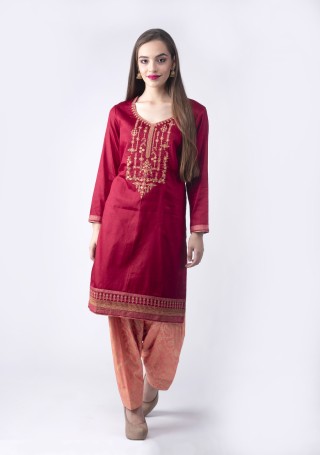 Red wine Embroidered Suit Set With Jacquard Salwar