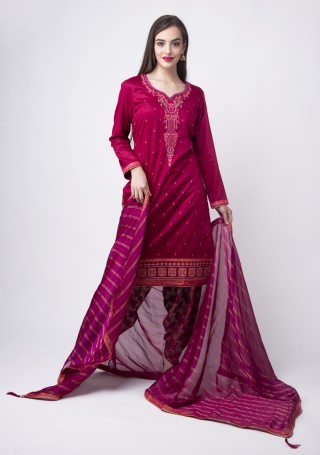 Magenta Pink Embroidered Suit Set With Jacquard Salwar