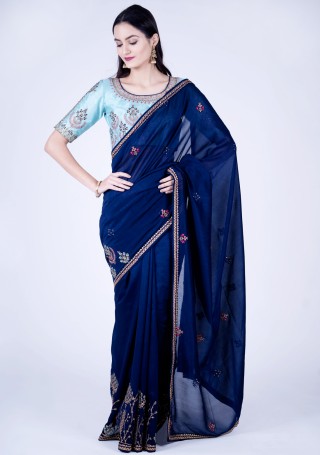 Midnight Blue Self Textured Georgette Saree with Embroidered Border