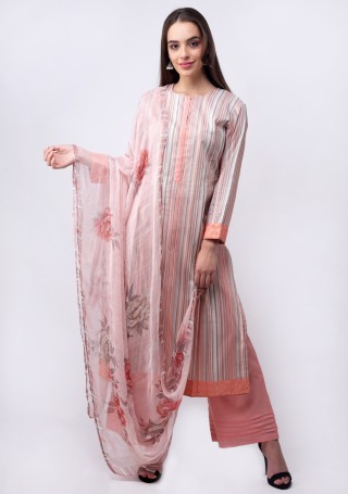 Multicolour Printed Peach and Grey Suit Set