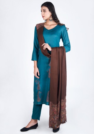 Turquoise Blue Digital Printed Pashmina Suit Set with Shawl