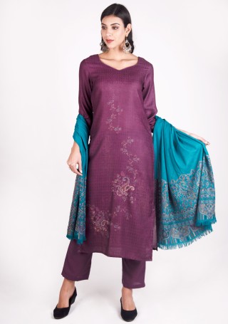 Purple Digital Printed Pashmina Suit Set with Shawl