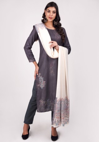 Dark Grey Digital Printed Pashmina Suit Set with Shawl