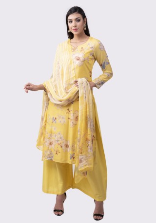 Bright Yellow Digital Printed Pure Asfa Silk Salwar Suit Set