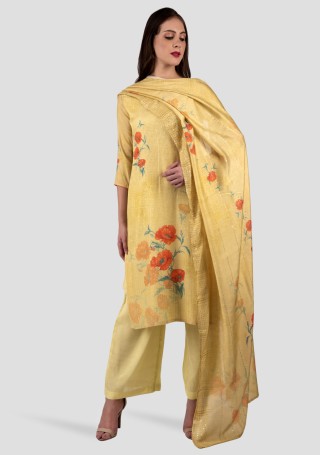 Light Yellow Muslin Digital Floral Printed Embroidered Suit Set