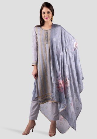 Grey Embroidered Kurta with Pant and Dupatta