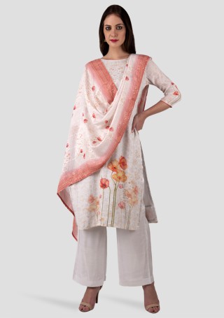 White Muslin Digital Floral Printed Embroidered Suit Set