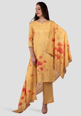 Mango Yellow Muslin Digital Floral Printed Embroidered Suit Set