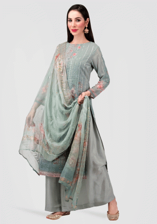 Digital Printed Greyish Blue Georgette Salwar Suit Set