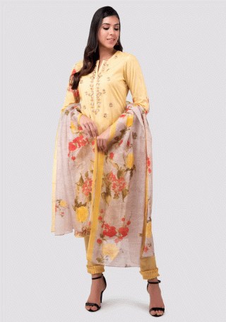 Yellow Cambric Cotton Digital Printed and Embroidered Suit