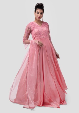 Pink Embroidered Glamorous Gown with Dupatta