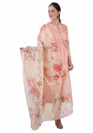 Peach Cambric Cotton Digital Printed and Embroidered Suit