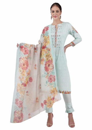 Aqua Blue Cambric Cotton Digital Printed and Embroidered Suit