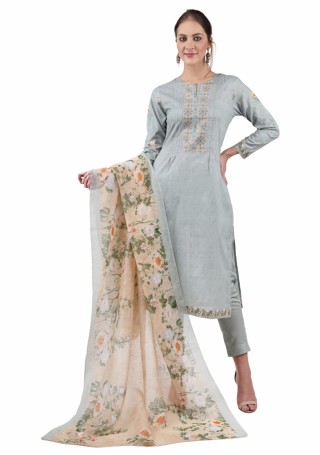 Grey Cambric Cotton Digital Printed and Embroidered Suit
