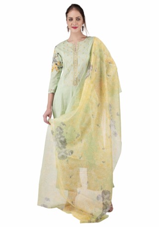 Pistachio Green Cambric Cotton Digital Printed and Embroidered Suit