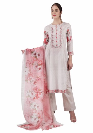 Lavander Cambric Cotton Digital Printed and Embroidered Suit