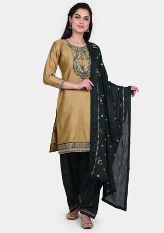 Gold & Bottle Green Embroidered Patiala Suit Set