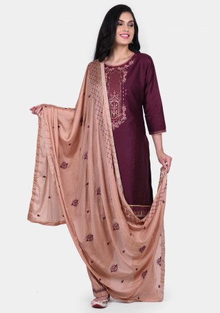 Wine & Beige Embroidered Patiala Suit Set