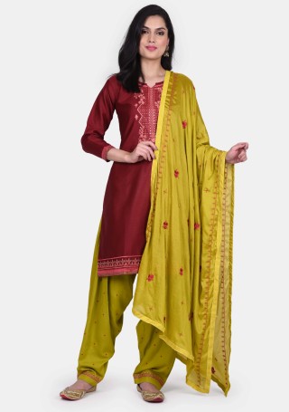 Maroon & Olive Green Embroidered Patiala Suit Set
