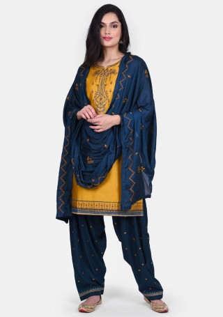 Mustard & Navy Blue Embroidered Patiala Suit Set