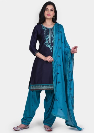 Navy & Turquoise Blue Embroidered Patiala Suit Set