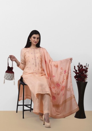 Peach Muslin Embroidered Salwar Suit Set