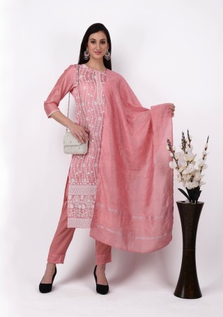 Pink Viscose Chanderi Lucknavi Embroidered Suit Set