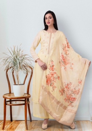 Beige Muslin Embroidered Salwar Suit Set