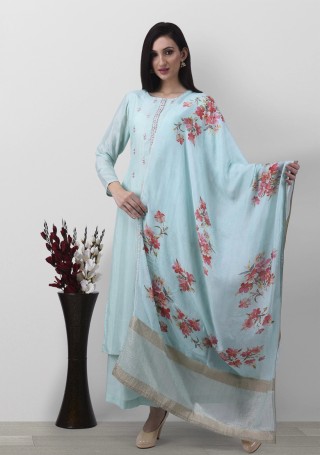 Aqua Blue Muslin Embroidered Salwar Suit Set
