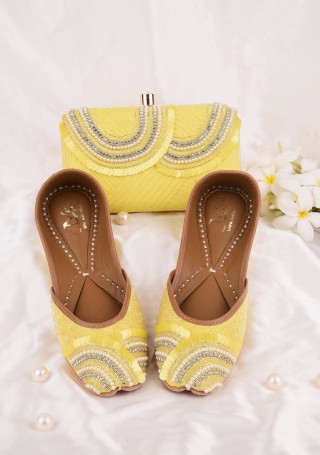 Yellow Hand Embroidered Classic Jutti & Clutch Combo