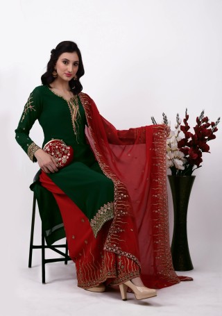Green & Red Georgette Embroidered Kurta With Palazzo and Dupatta