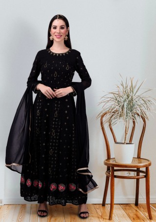 Black Lakhnavi Embroidered Anarkali Suit Set