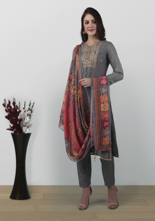 Beautiful Grey Fine Muslin Silk Embroidered Designer Salwar Suit Set