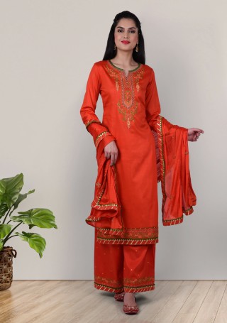 Red Orange Embroidered Salwar Suit Set