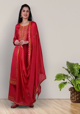 Red Jam Silk Embroidered Salwar Suit Set