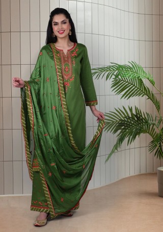 Green Jam Silk Embroidered Salwar Suit Set