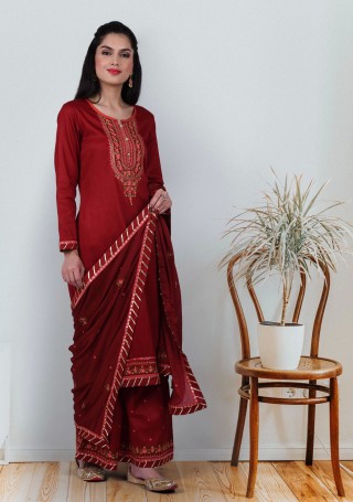 Maroon Jam Silk Embroidered Salwar Suit Set