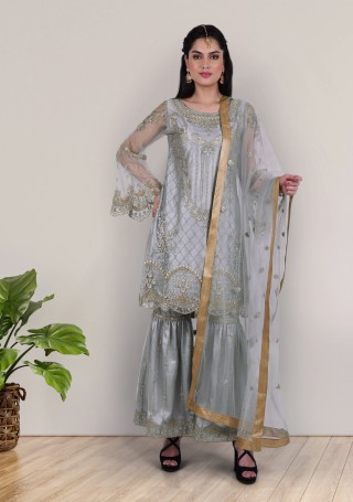 Beautiful Grey Embroidered Sharara Set