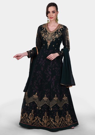 Beautiful Dark Green Embroidered Flared Georgette Gown