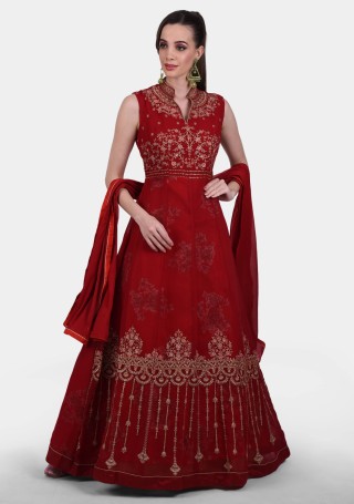 Beautiful Red Embroidered Flared Georgette Gown