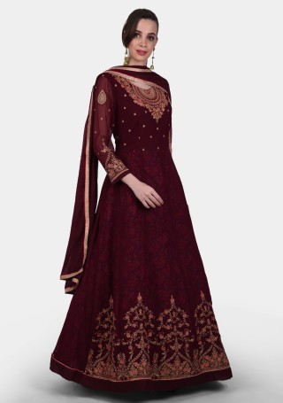 Beautiful Embroidered Wine Georgette Flared Gown