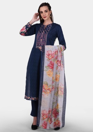 Navy Blue Cambric Cotton Digital Printed and Embroidered Suit