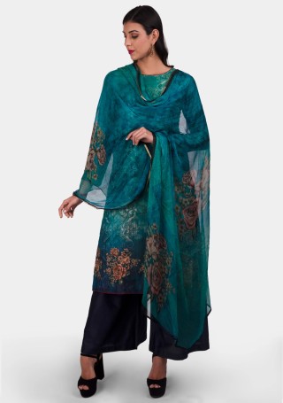 Teal Embellished Floral Printed Silk Suit Set