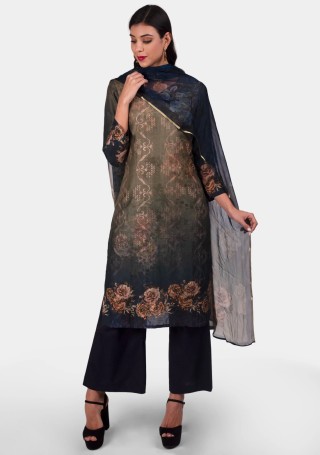 Black Embellished Floral Printed Silk Suit Set