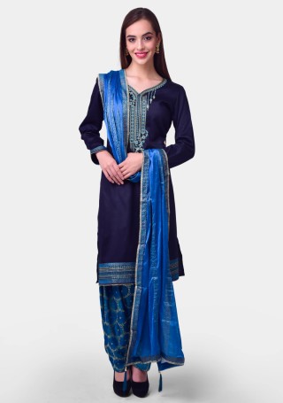 Blue Embroidered Suit Set with Jacquard Salwar