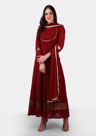 Red Lakhnavi Embroidered Anarkali Suit Set