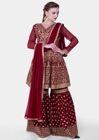 Embroidered Maroon Sharara Suit with Dupatta